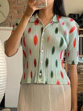 Issey Miyake Pleats Please Soft Ellipse Button Top Mint Blue JP3